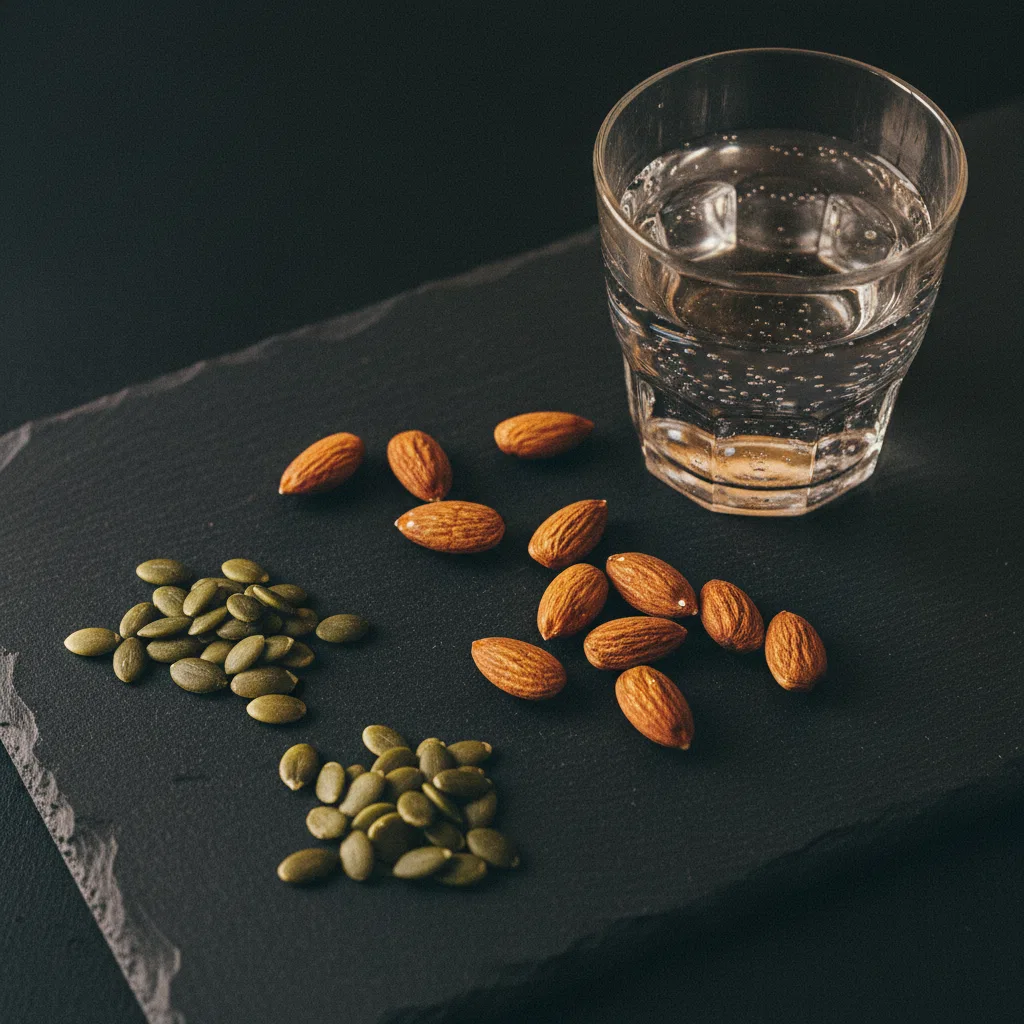 Pumpkin seeds, almonds and a glass of mineral water on a dark wooden board
