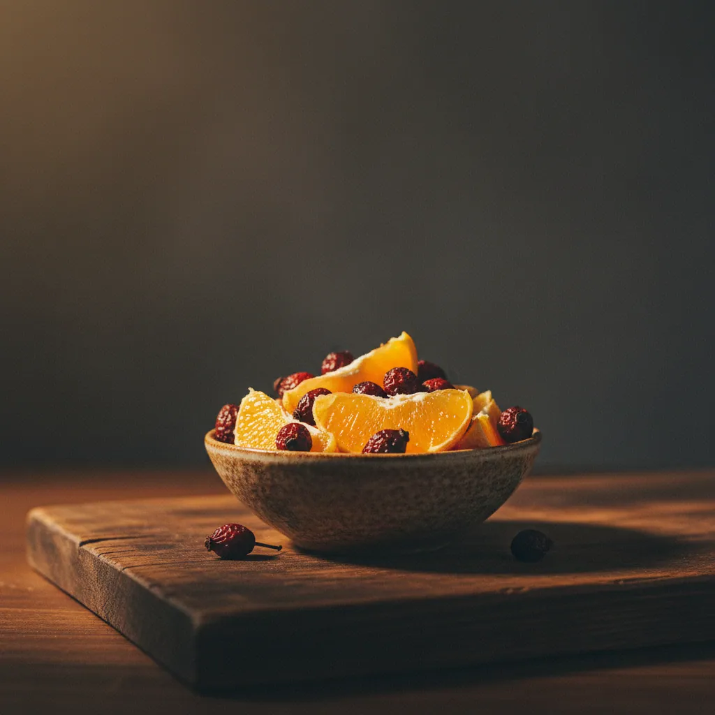 Fresh oranges and rosehips on a dark stone kitchen surface