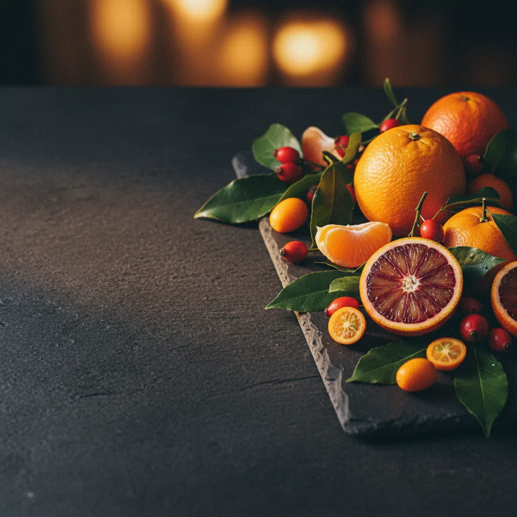 Seasonal herbs, citrus fruits and green leaves arranged on a dark stone surface